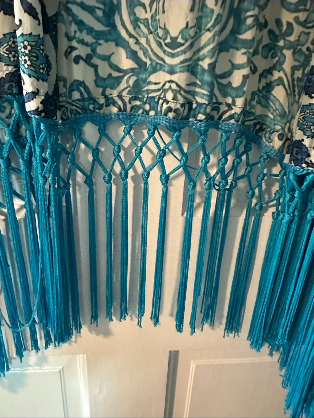 Johnny Was Turquoise Blue Floral Paisley Fringe Kimono Wrap - Picture 5 of 6